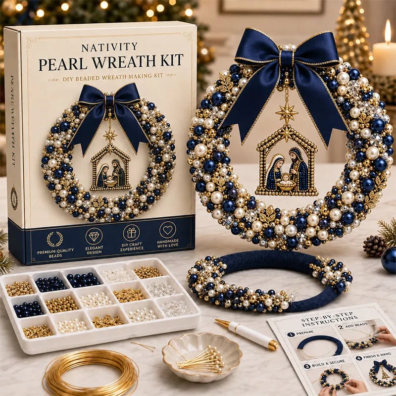 Nativity pearl wreath DIY kit in deep blue, ivory and gold