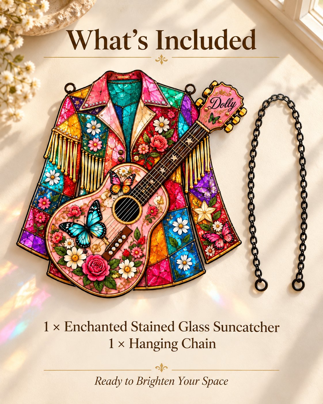 Stained glass suncatcher and included hanging chain