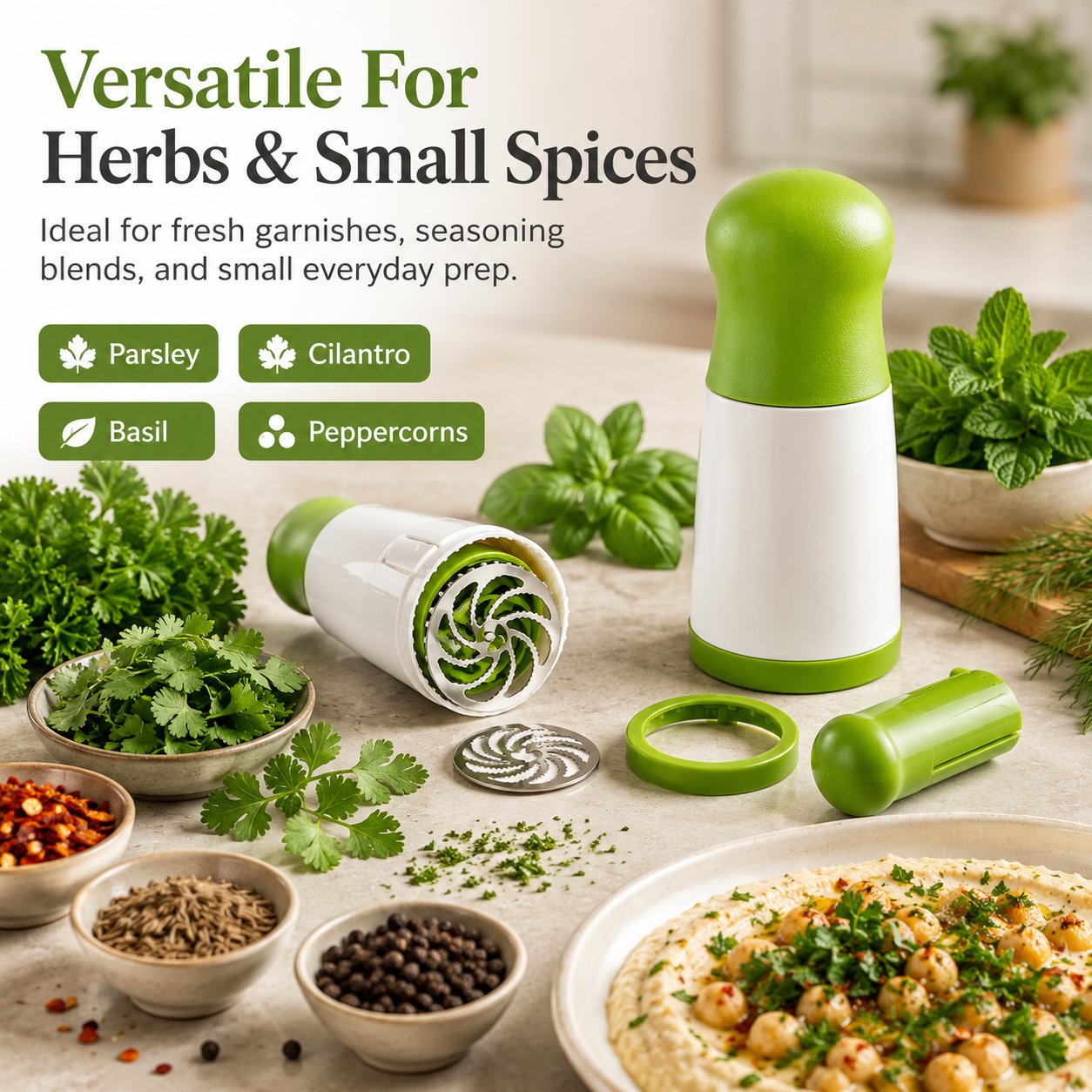 Manual herb grinder for parsley cilantro basil chili flakes and small spices