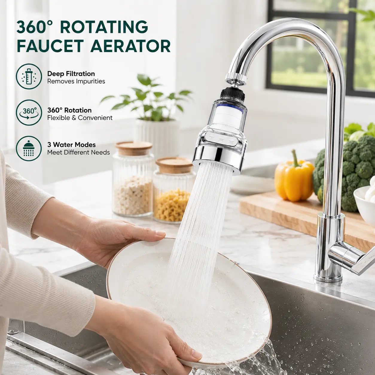 Three mode 360 degree rotating faucet aerator filter used for kitchen sink cleaning