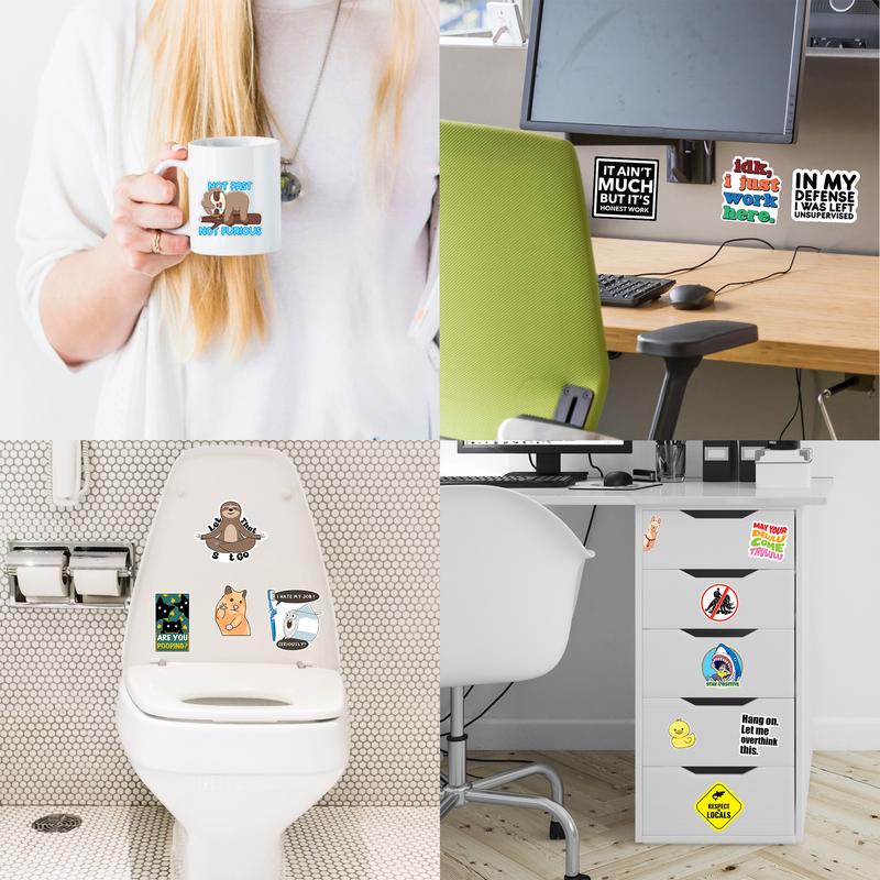 Funny stickers applied on office desk, laptop drawer, coffee mug, and bathroom decor