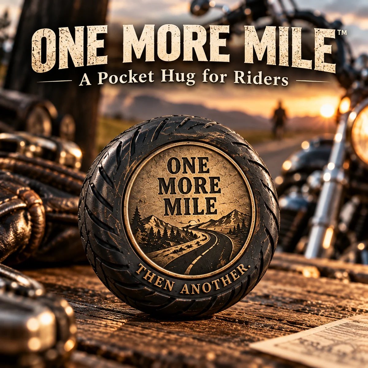 One More Mile pocket hug for motorcycle riders displayed beside a motorcycle at sunset