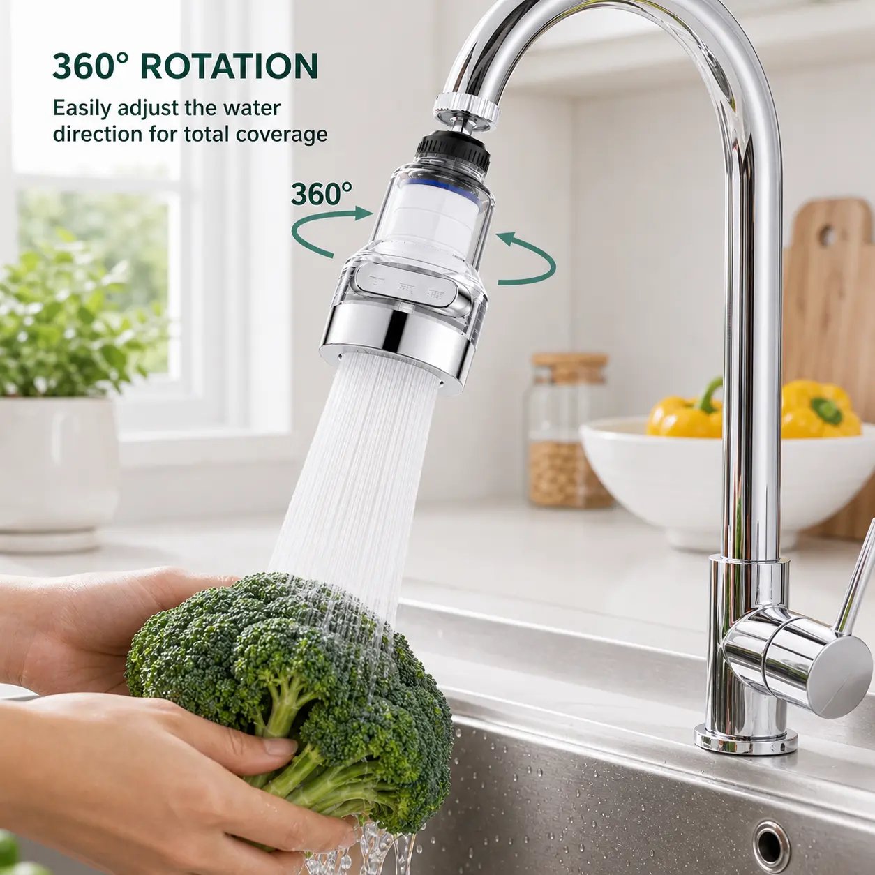 Faucet aerator rotating 360 degrees to adjust water direction while washing broccoli