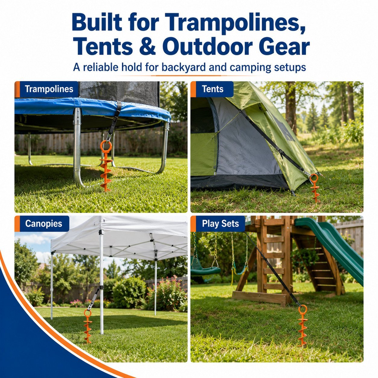 Spiral ground anchors for trampolines tents canopies and outdoor equipment