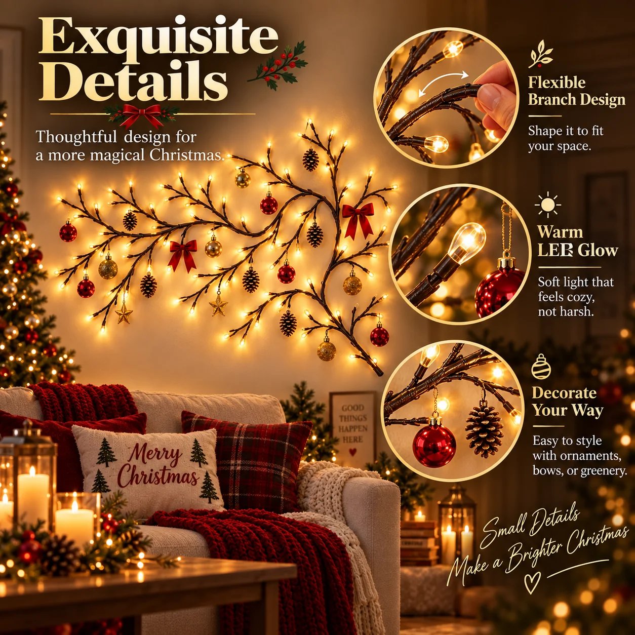 Christmas branch lights displayed in entryway