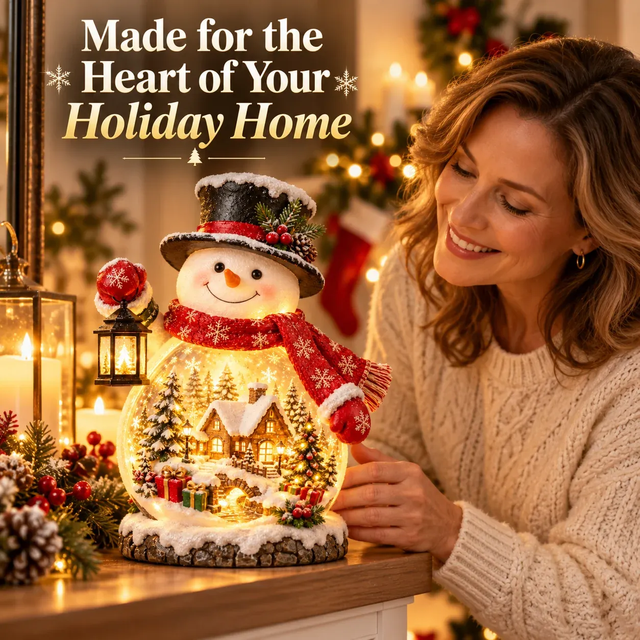 Woman placing Christmas Village Snowman Glow in a festive home