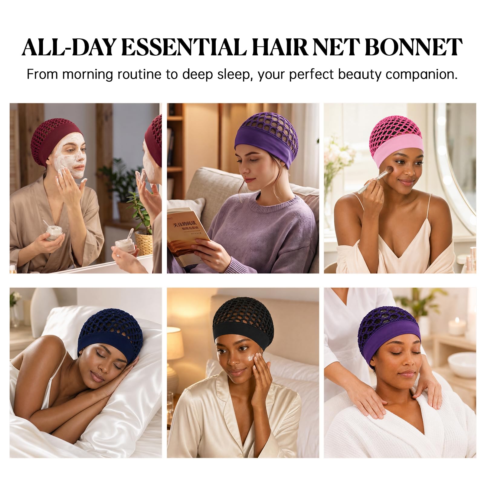 Women wearing crochet hair nets during skincare, reading, makeup, sleep, evening care, and a relaxing massage