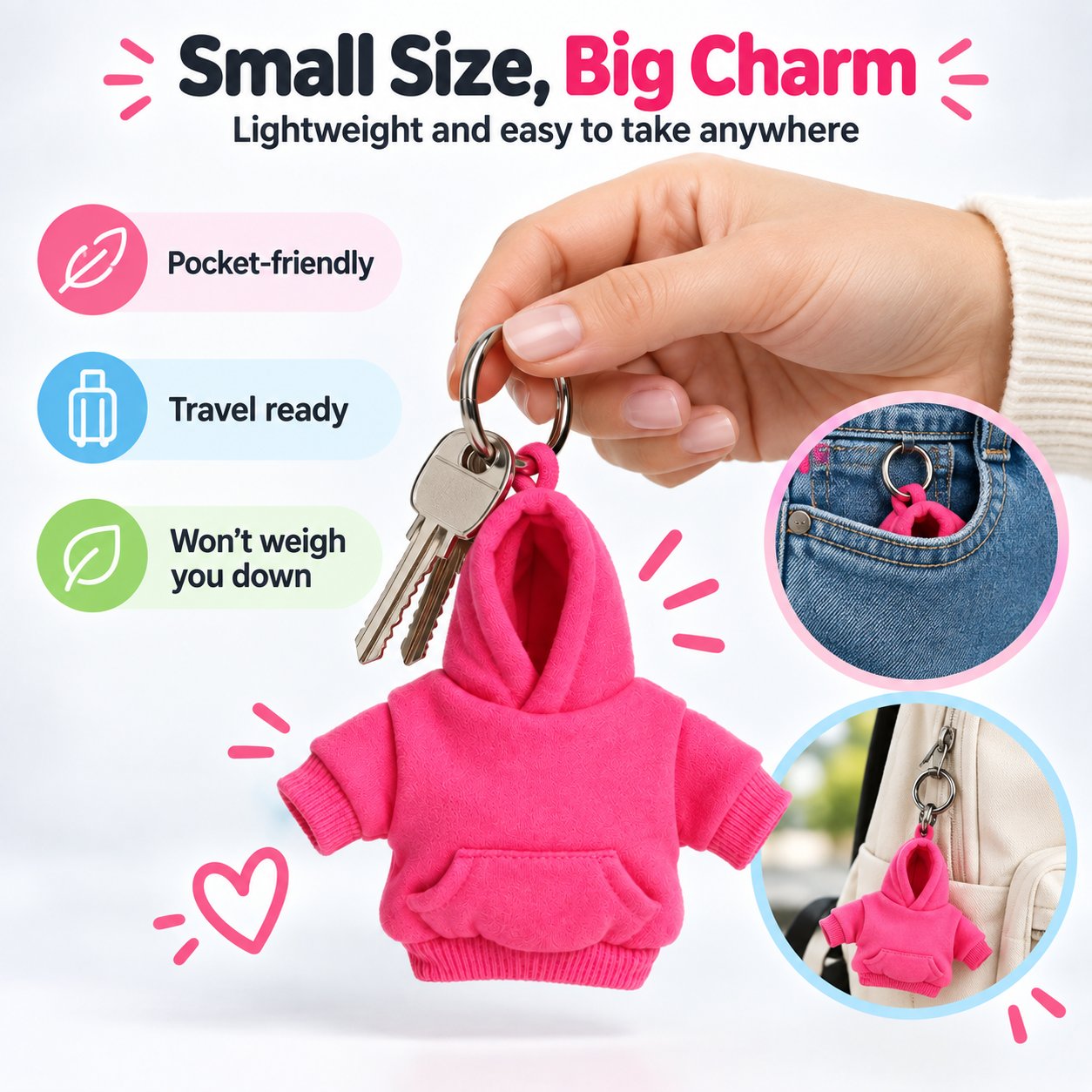 Compact pink hoodie keychain held with keys, tucked into a jeans pocket, and hanging from a bag