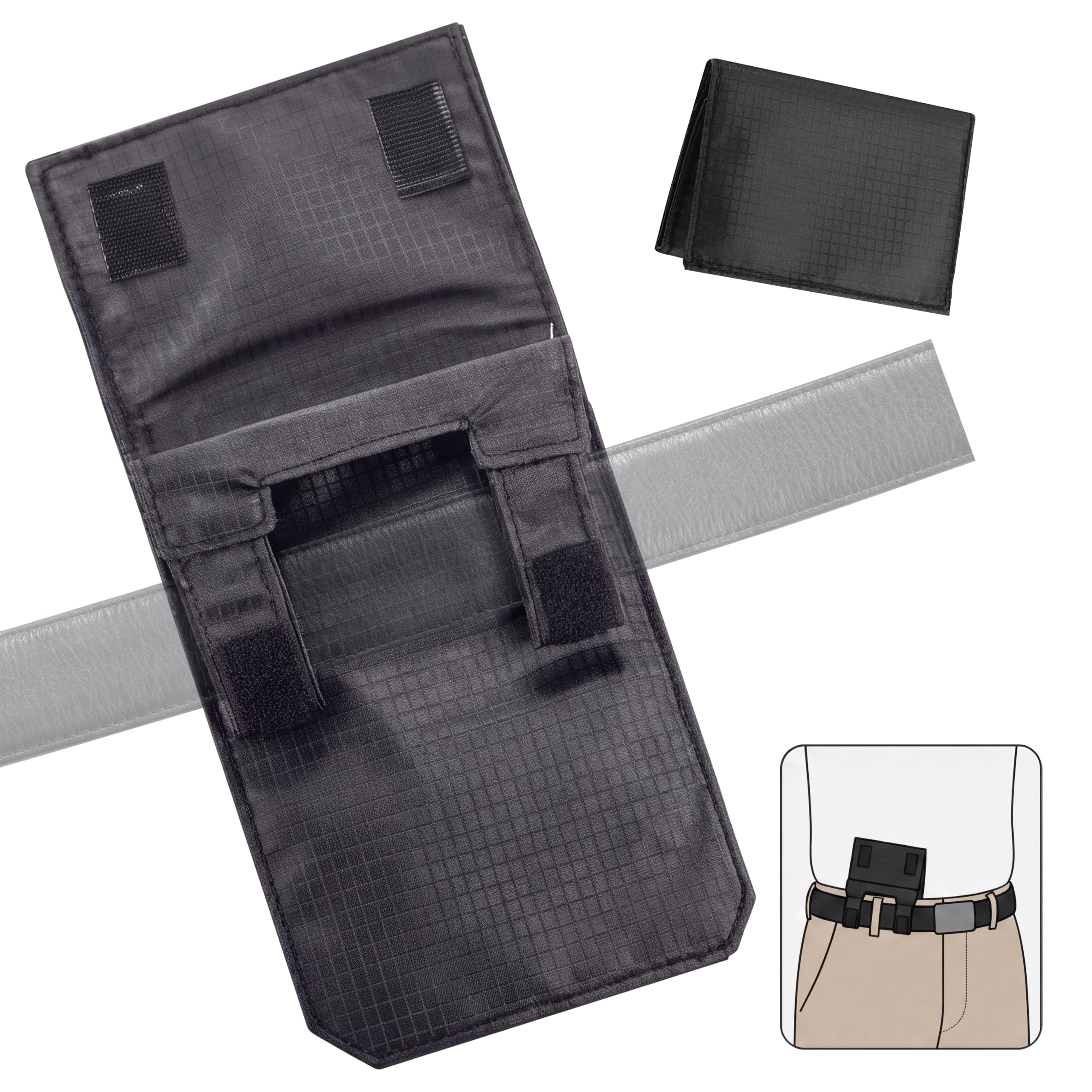Black hidden travel wallet shown open and folded, with belt loops and an inside-waistband wearing illustration