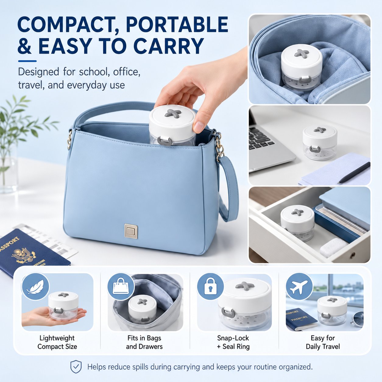 Compact retainer case carried in a handbag and used at school, work and while traveling