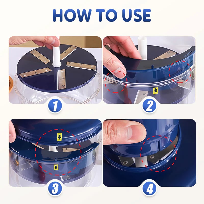 Diagram showing how to assemble and use the peeler Diagram showing how to assemble and use the peeler