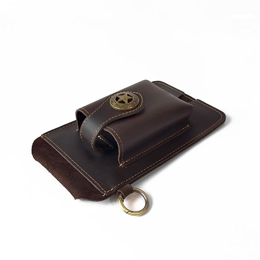 Vintage Cowhide Belt Waist Bag for Men - Multifunctional Phone & Card Holder with Keychain Genuine leather Belt Bag hiking waist bag Leather phone case with belt loops cell phone holster Keychain Holder bag  for Outdoor Hiking Travel bag hip