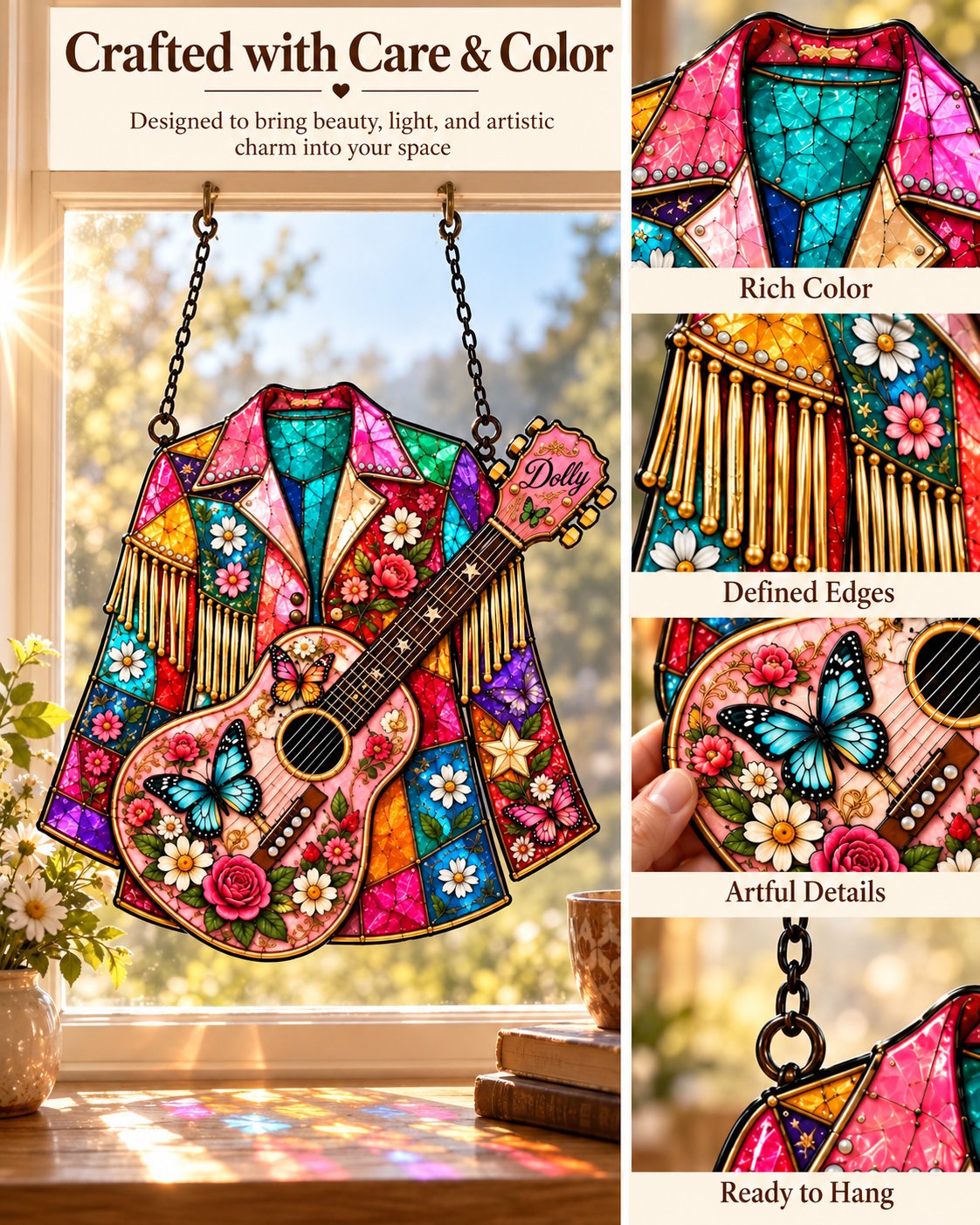 Close-up details of colorful stained glass coat guitar flowers butterflies and hanging chain
