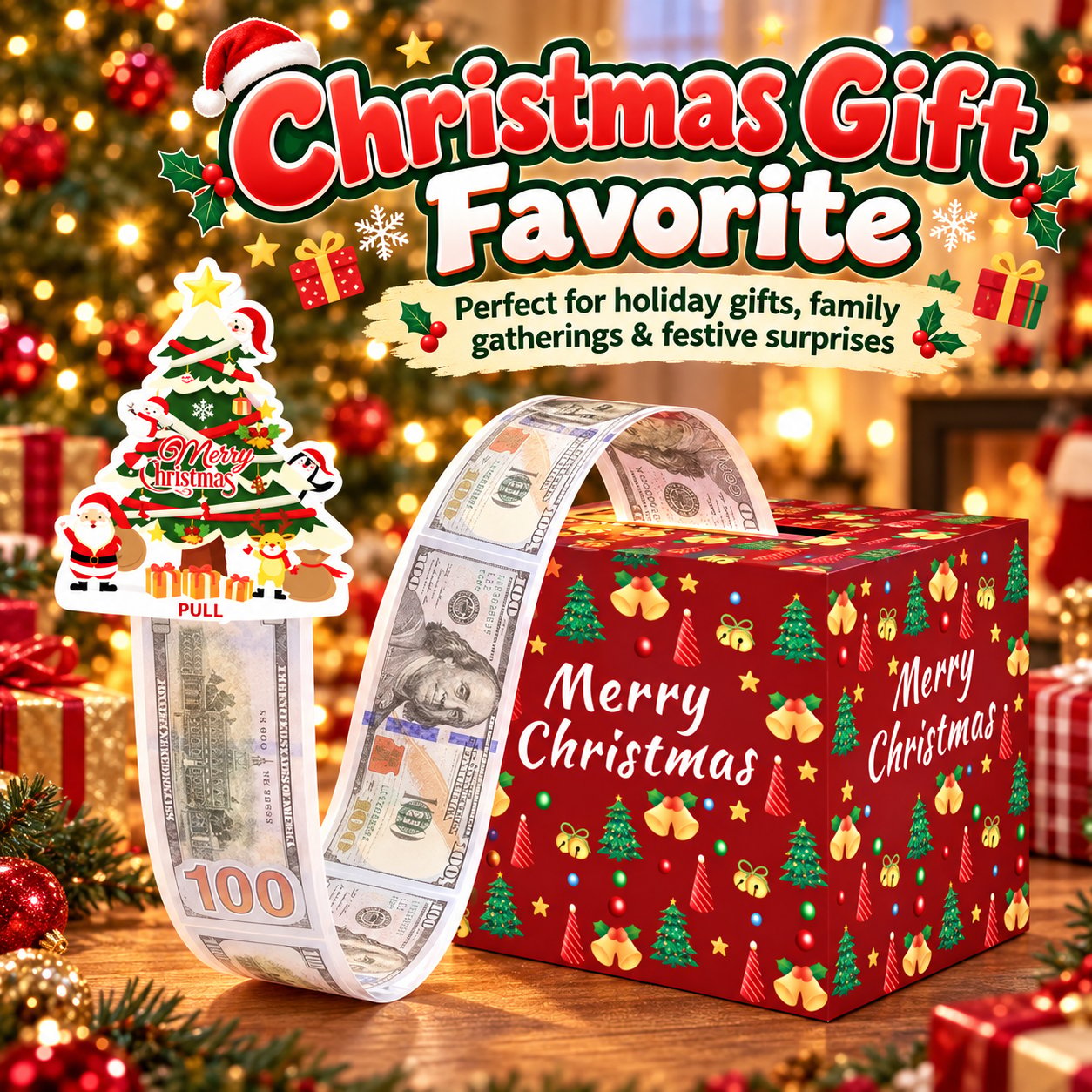 Christmas money pull box displayed beside a pull-out money strip