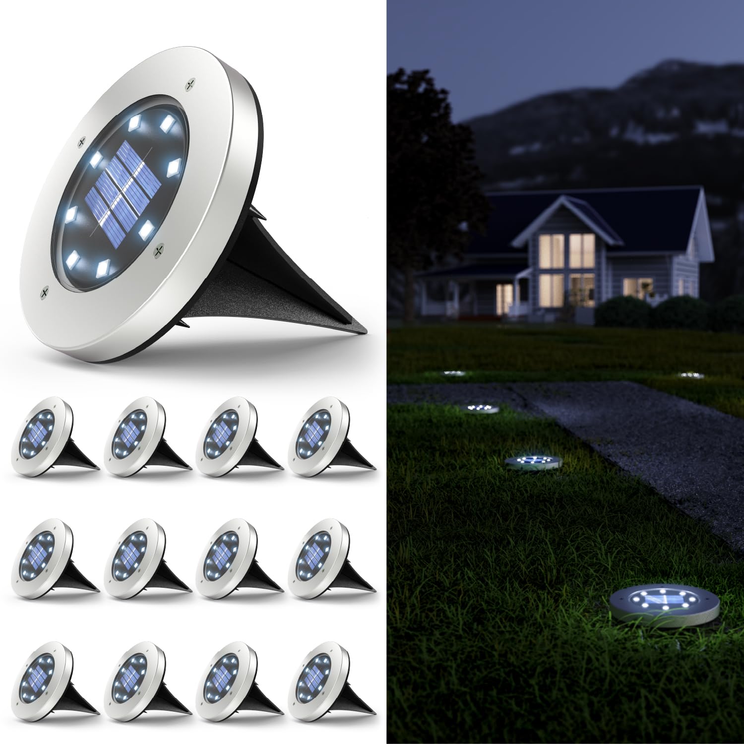 Solar ground lights illuminating a lawn and pathway at night