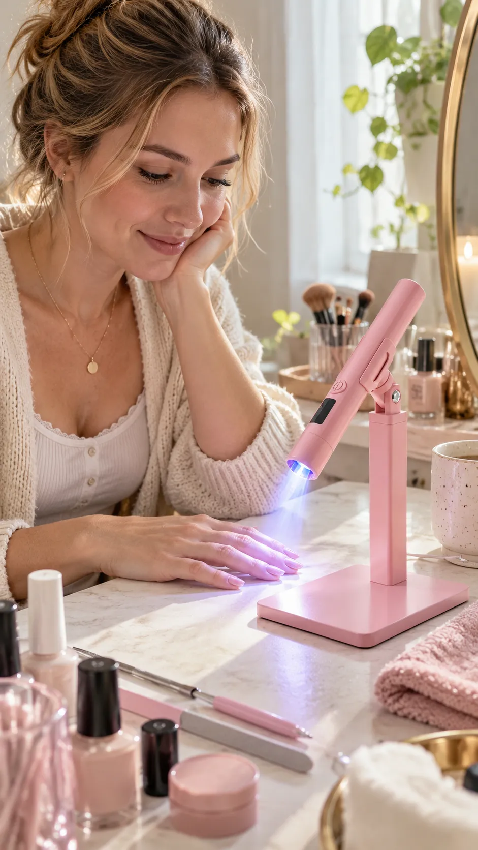 Vertical lifestyle image of a manicure routine using the nail lamp