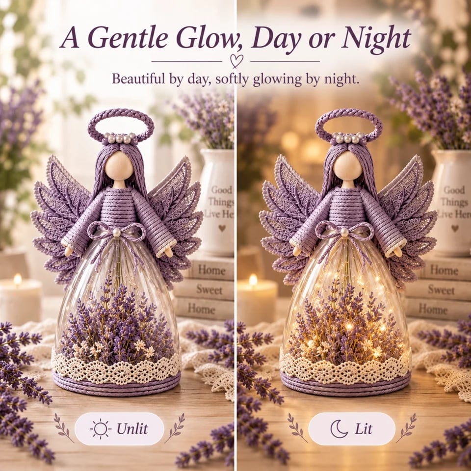 Floral angel figurine shown unlit and glowing