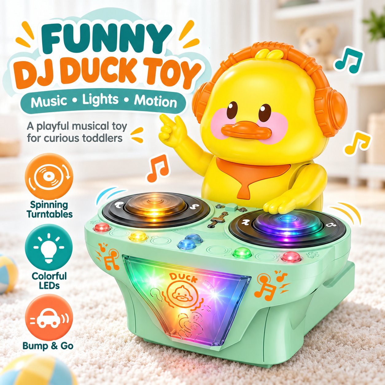 Yellow musical DJ duck toy with orange headphones, a mint-green console, spinning decks and colorful lights