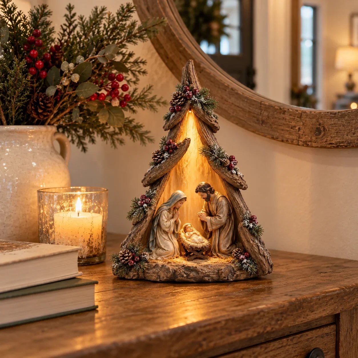 Old World Lighted Nativity Christmas Tree