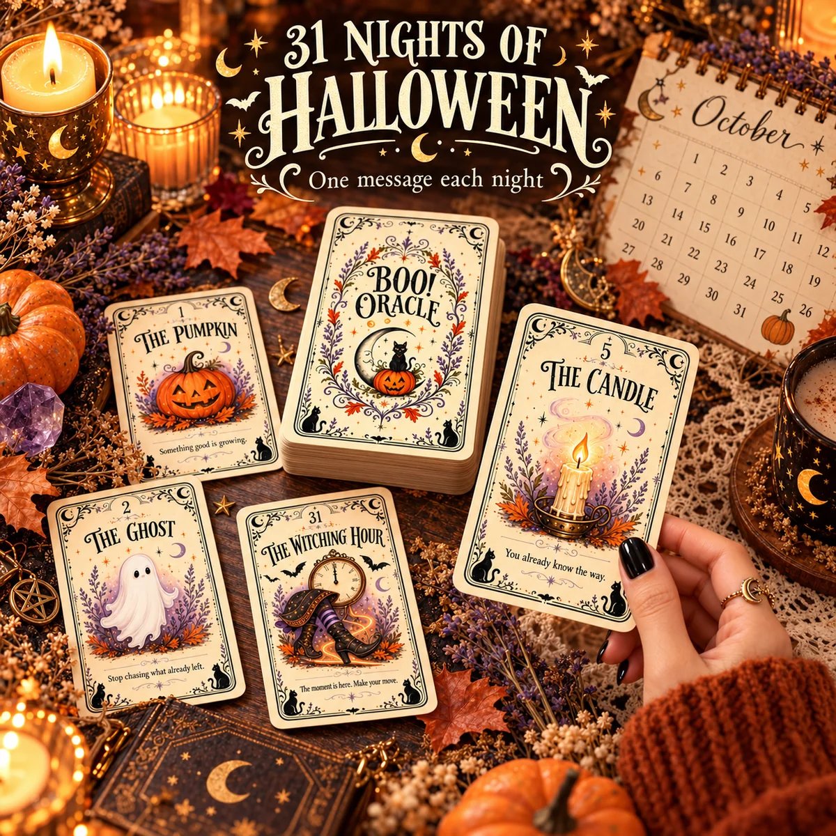 Halloween oracle cards arranged for a cozy October evening ritual