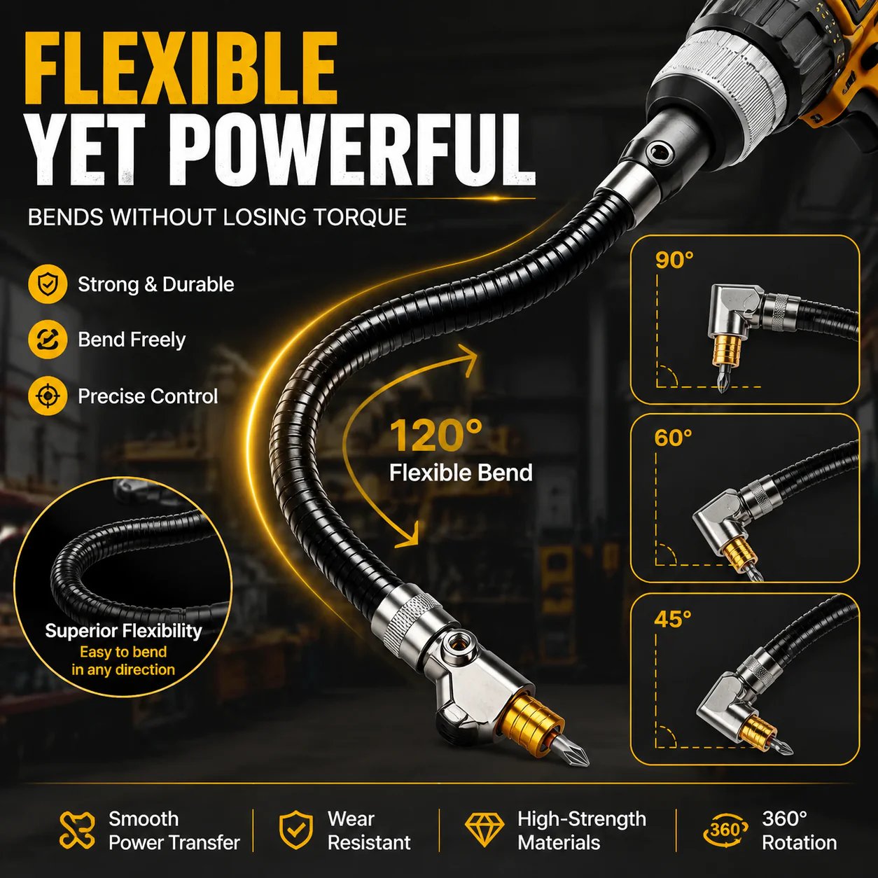 Flexible shaft and 90 degree drill head