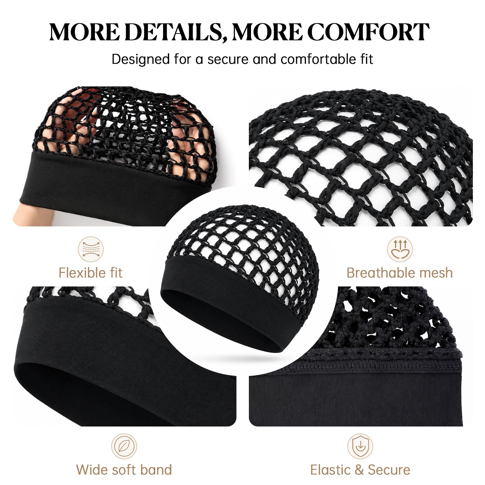 Close-up details of stretchy crochet mesh, the wide soft band, and reinforced stitching on a black hair net