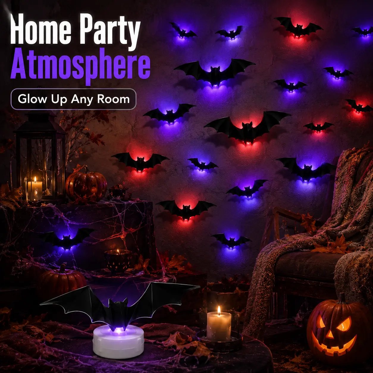 LED glowing bat ornaments creating a spooky Halloween night display
