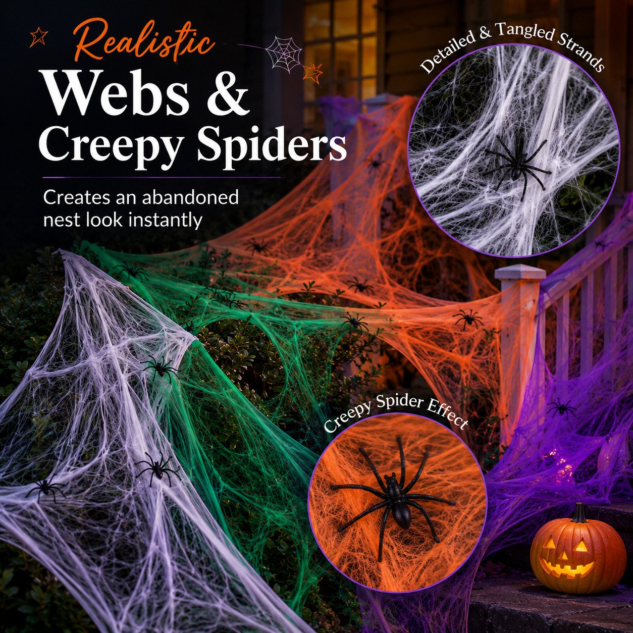 Realistic Halloween spider webs with creepy spiders