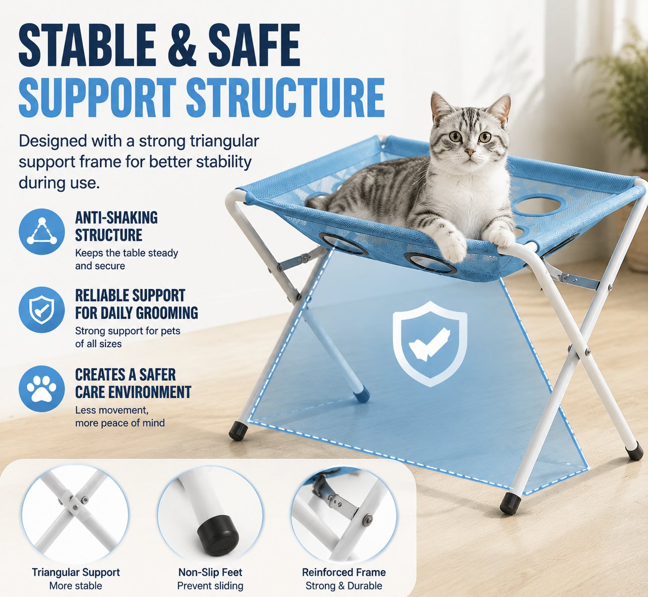 Stable triangular support frame for pet grooming hammock table