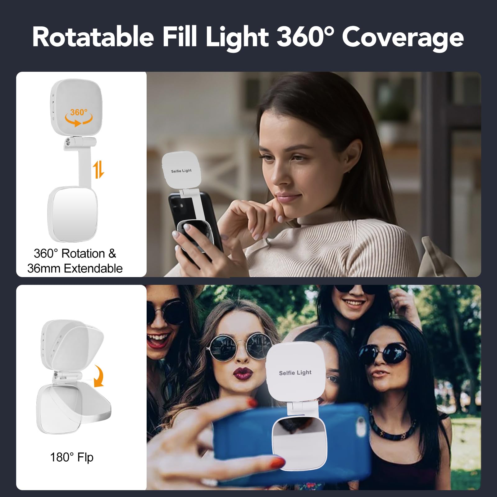 Rotating and extendable fill light positioned above a phone for selfies and video