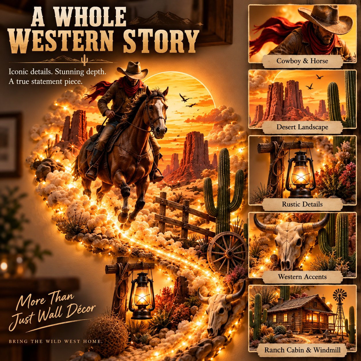 Western cowboy lighted wall decor details