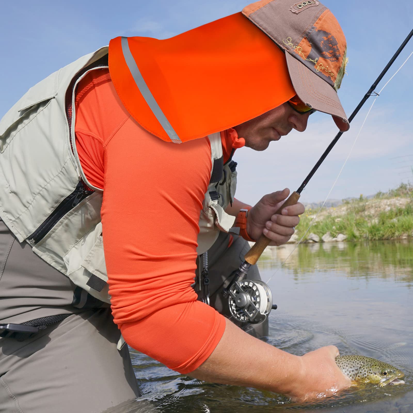 Man Wearing Orange Cooling Sun Shade Hat Fishing by the River Man Wearing Orange Cooling Sun Shade Hat Fishing by the River