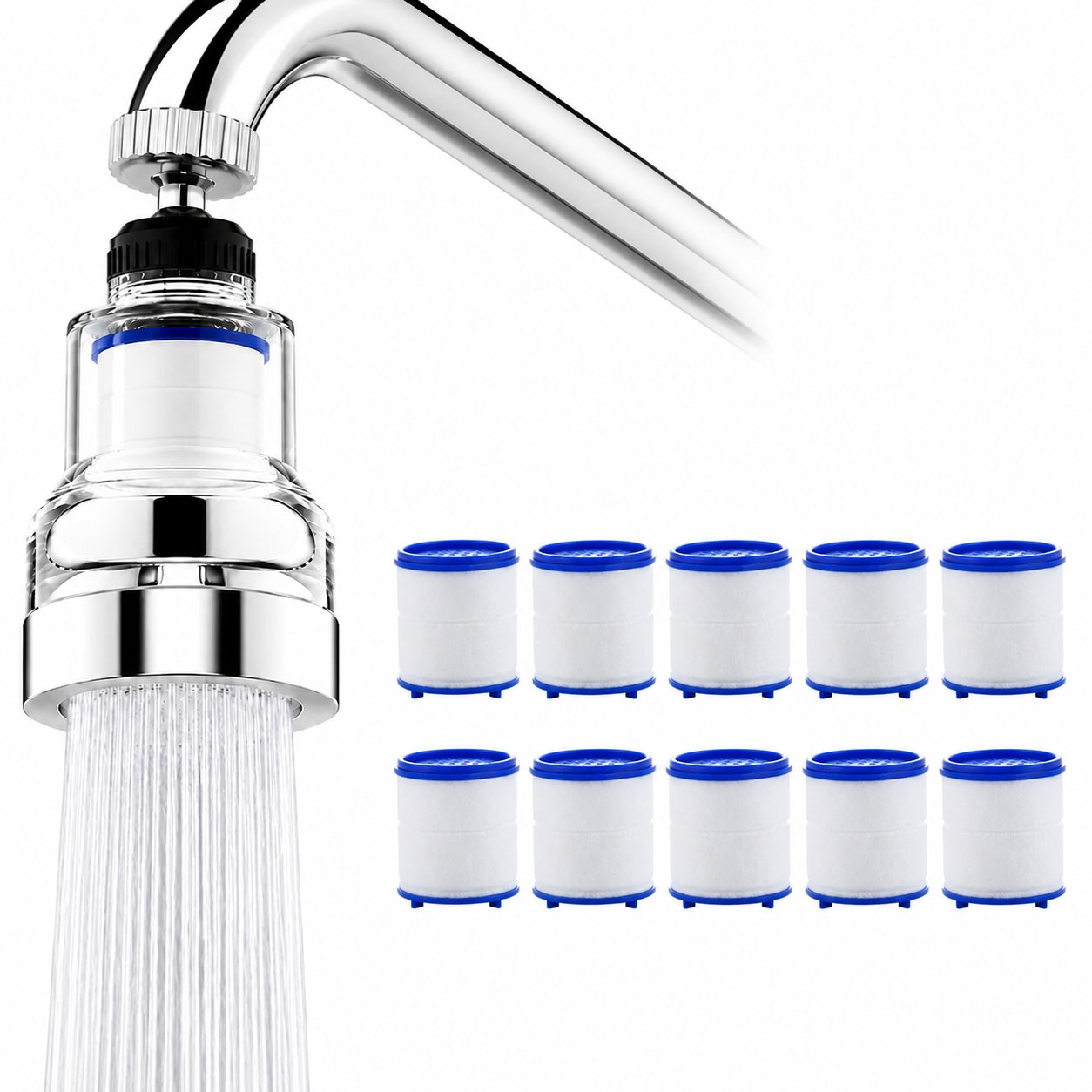 Transparent 360 degree rotating faucet aerator filter attached to a kitchen sink faucet