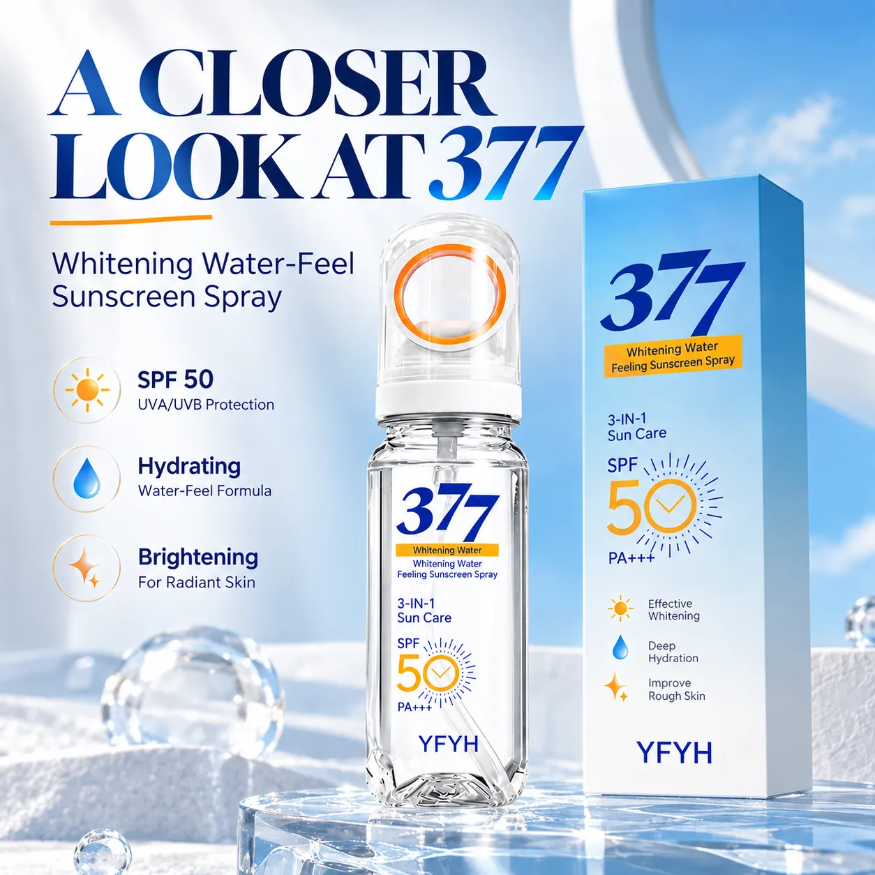A Closer Look at 377 Whitening Water-Feel Sunscreen Spray - SPF 50 UVA/UVB Protection, Hydrating Water-Feel Formula, Brightening For Radiant Skin