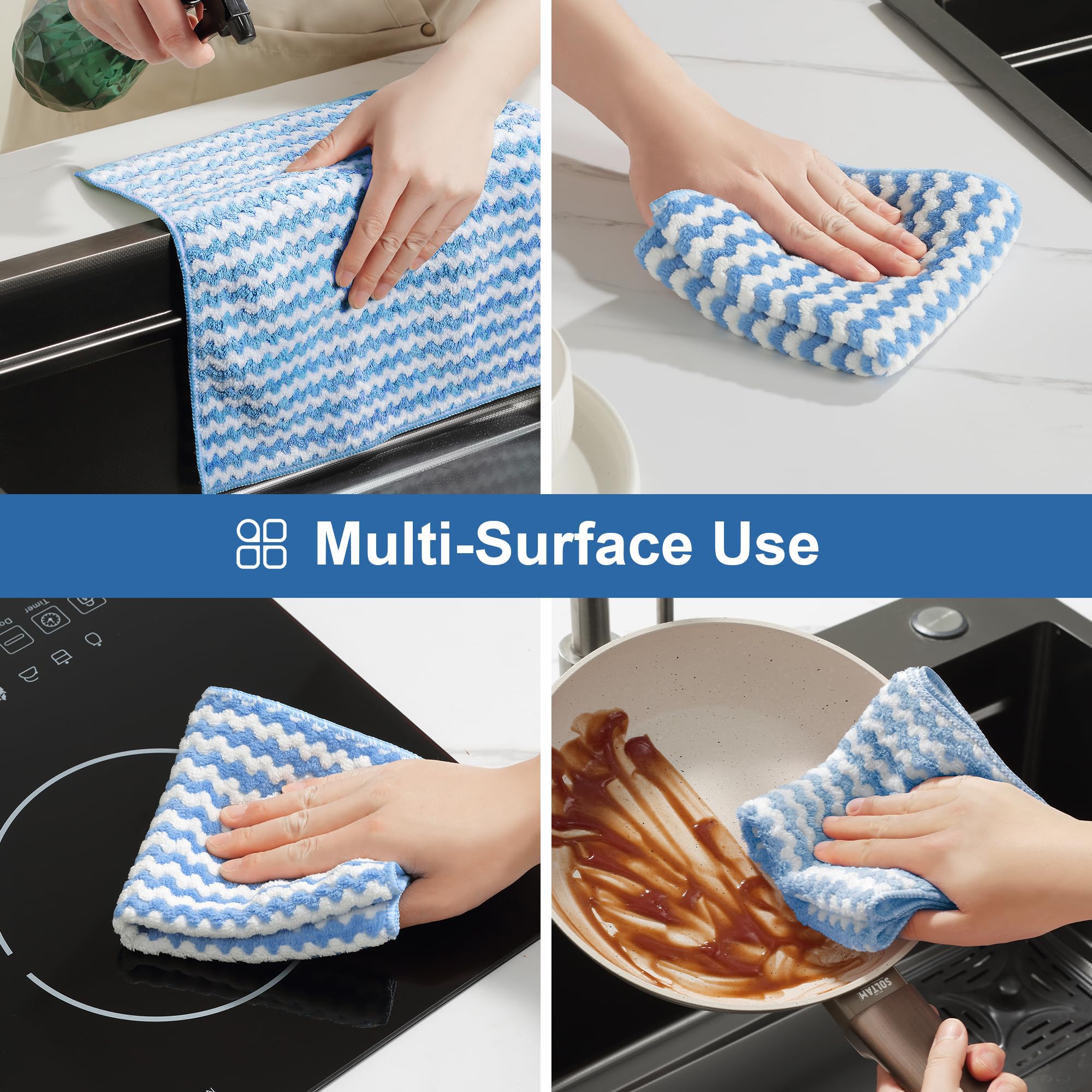 Four grids showing multi surface use on stove countertop pan and table