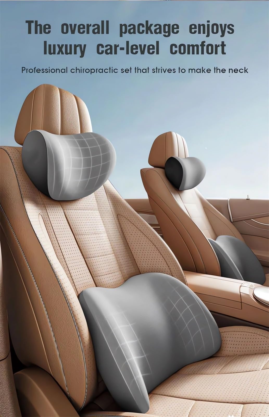 Car seat fitted with memory foam neck headrest and lumbar back support cushions