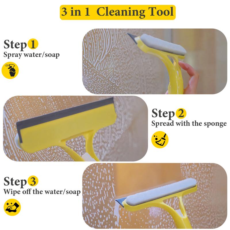 Product Introduction of 3 in 1 Window Cleaning Scraper, Squeegee and Scrubber with Spray, Multifunctional Household Cleaning Tool, Car Windshield Cleaner,Lightweight Silicone Microfiber Wipe 8