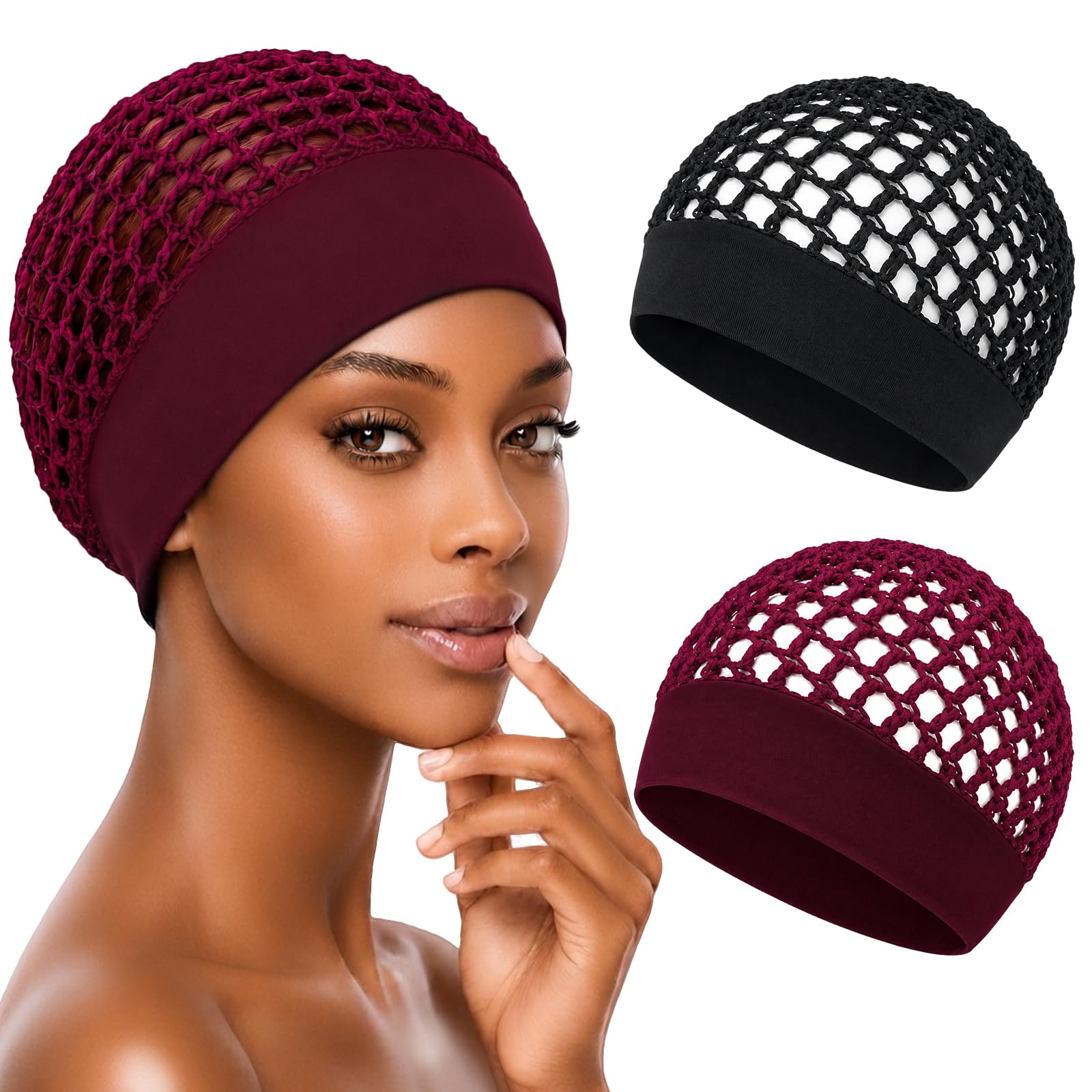Black and burgundy two-pack of wide-band crochet hair nets with a model wearing the burgundy cap