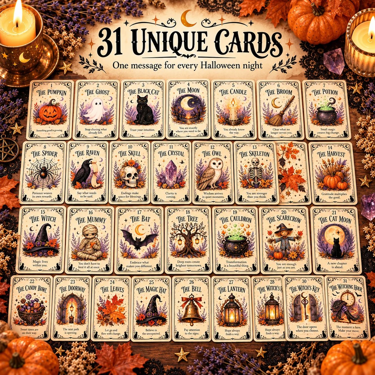 Collection of 31 different illustrated Halloween oracle cards