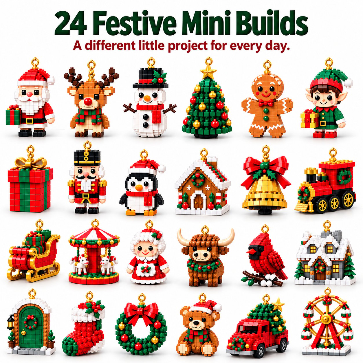 All 24 festive miniature brick ornament designs in a clear collection overview
