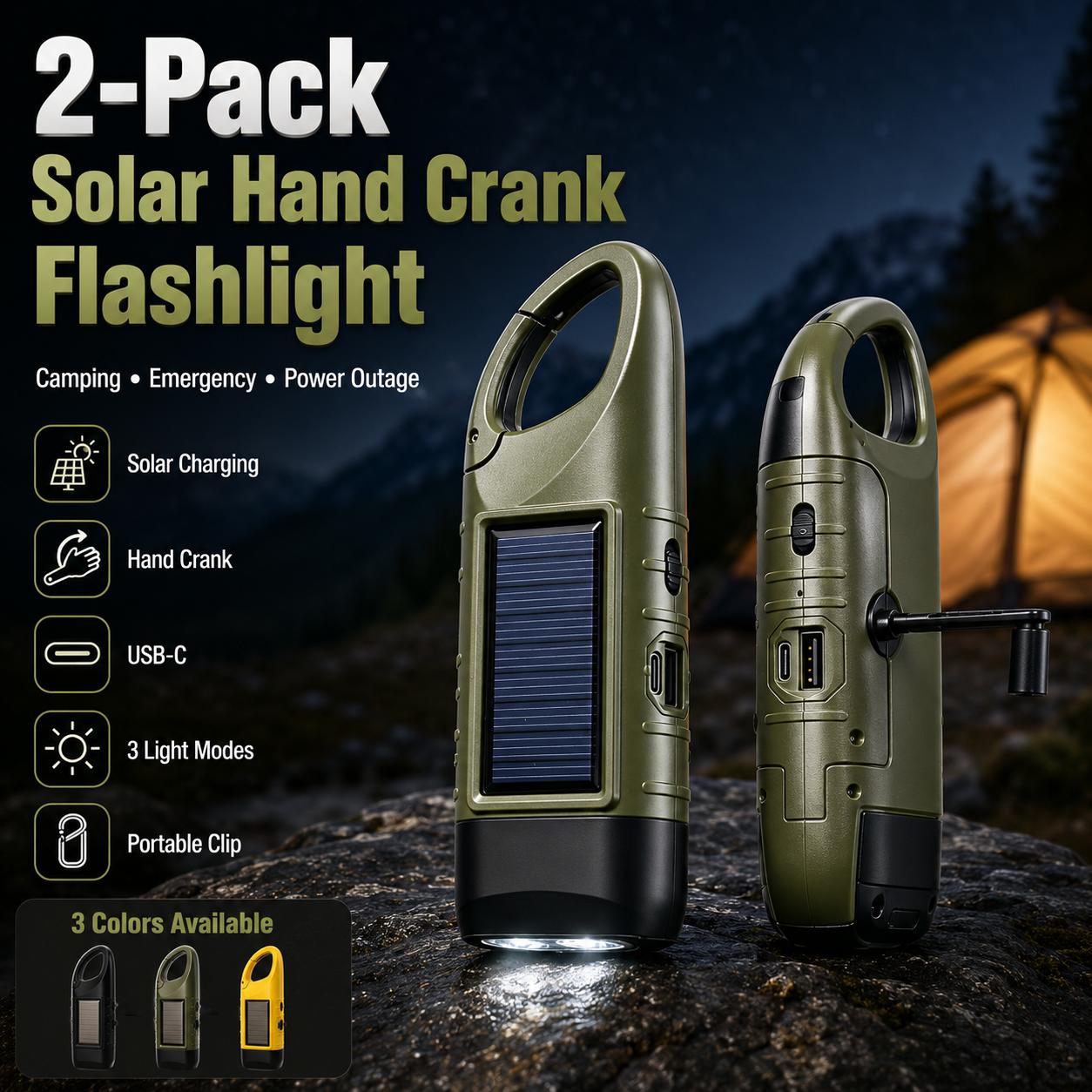 2-Pack Solar Hand Crank Emergency Flashlights