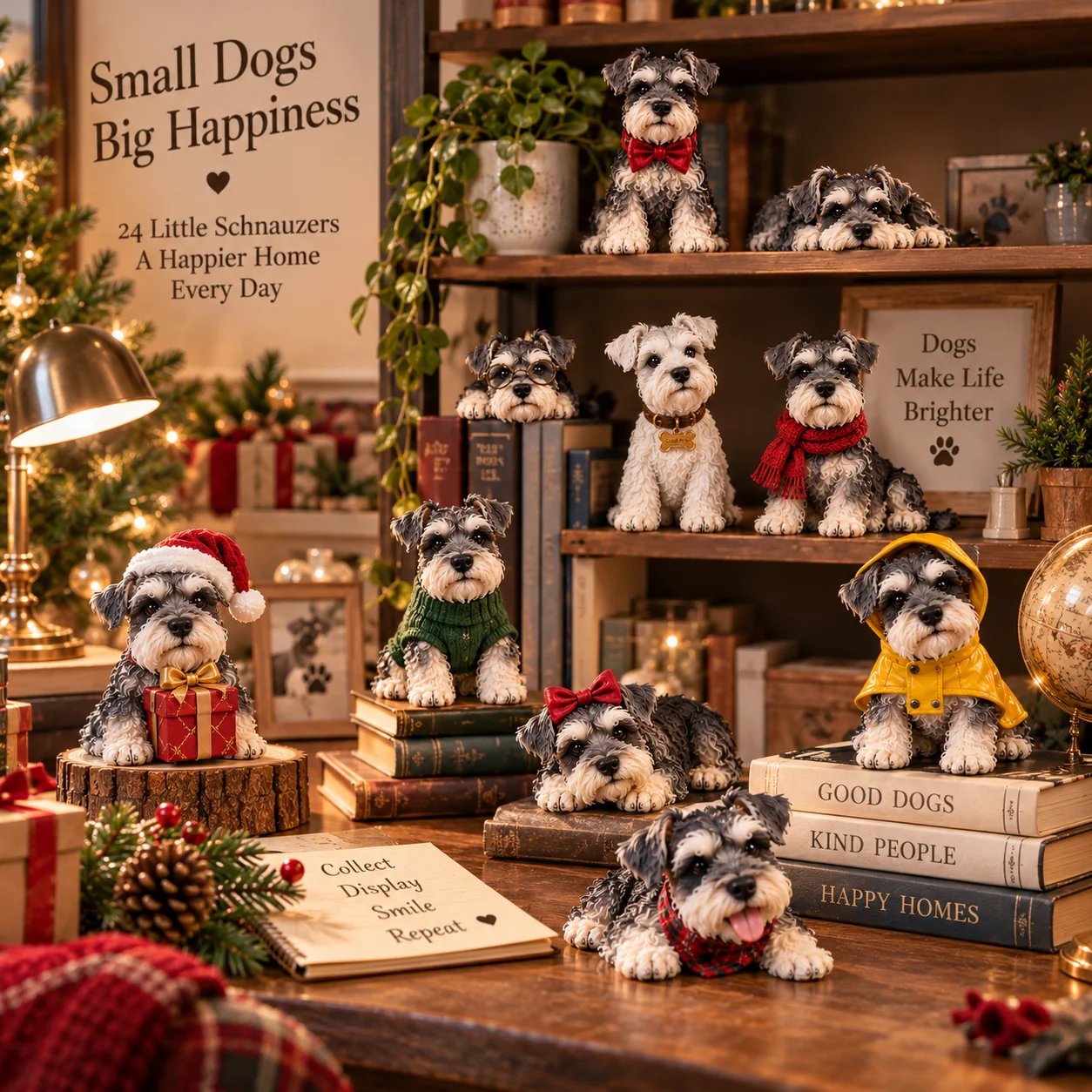 Miniature Schnauzer collectibles displayed around a desk and bookshelf