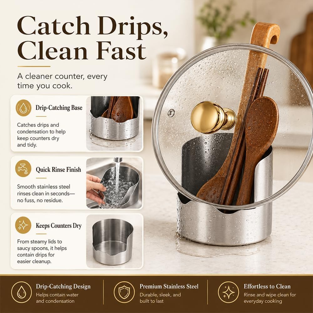 Drip-catching stainless steel spoon rest and pot lid holder for cleaner countertops