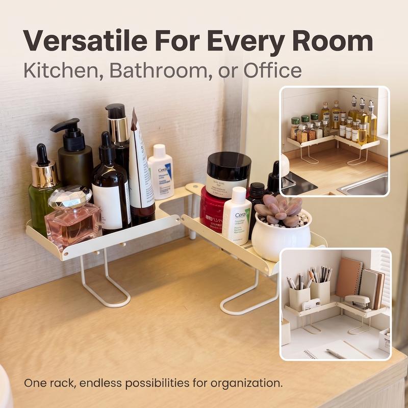 Foldable organizer shelf for bathroom kitchen vanity and office storage