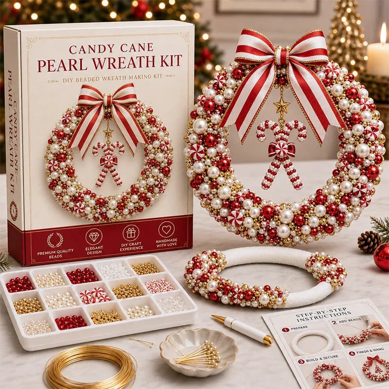Candy Cane pearl wreath DIY kit in red, white and gold