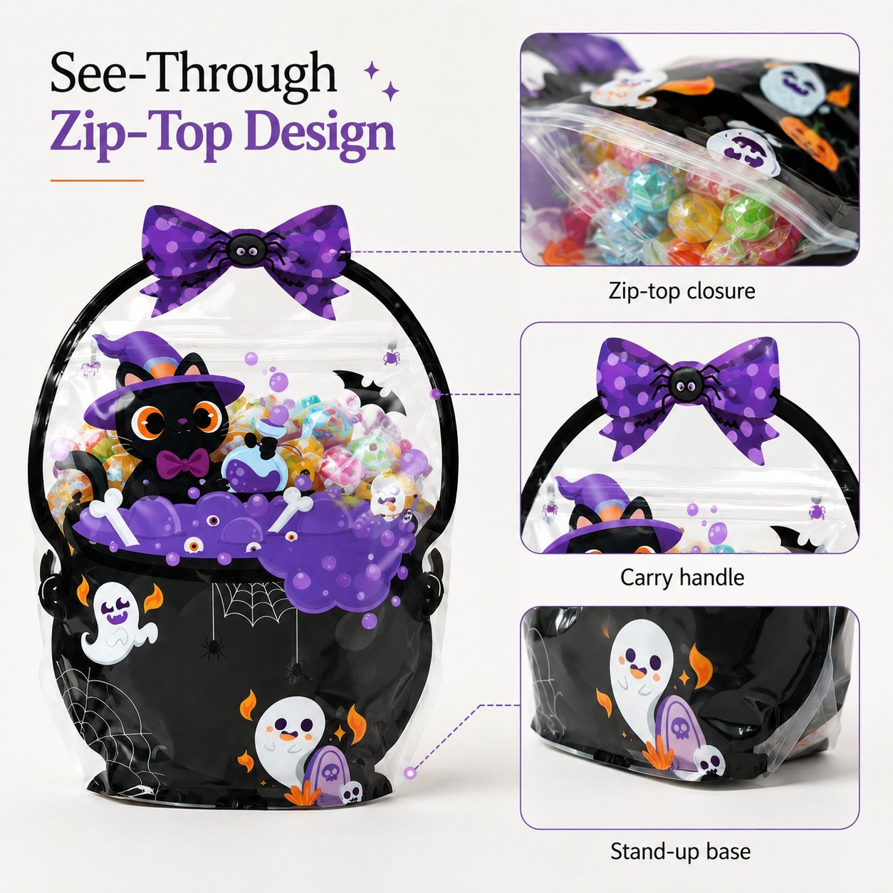Close-up details of the Halloween treat bag zipper, carry handle and stand-up base