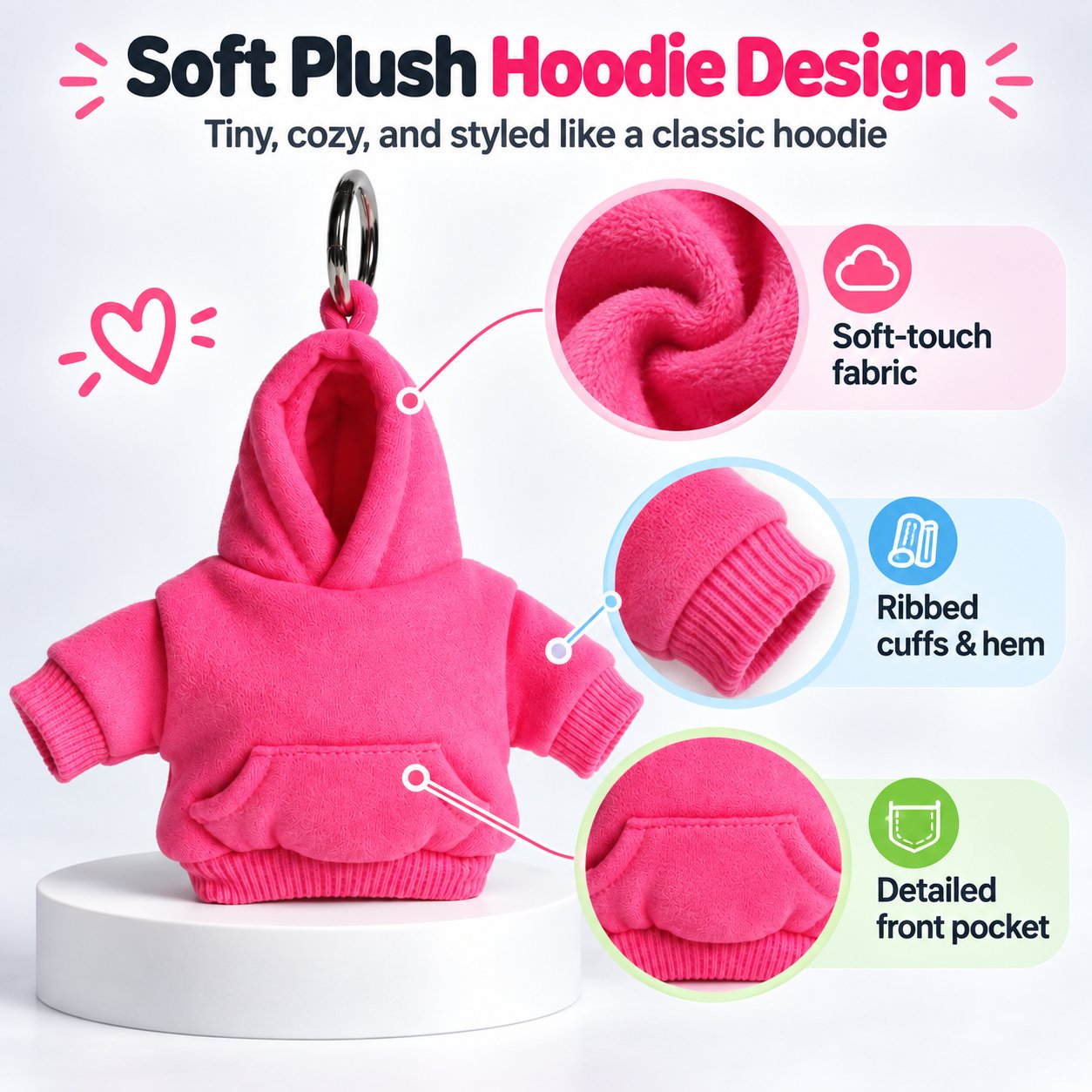 Pink plush hoodie charm with close-ups of soft-touch fabric, ribbed cuffs and hem, and front pocket