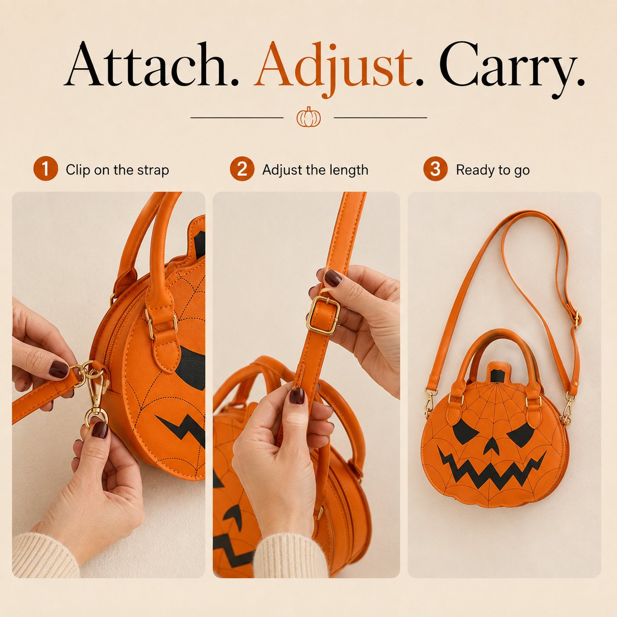 Three-step guide showing how to attach and adjust the orange handbag shoulder strap