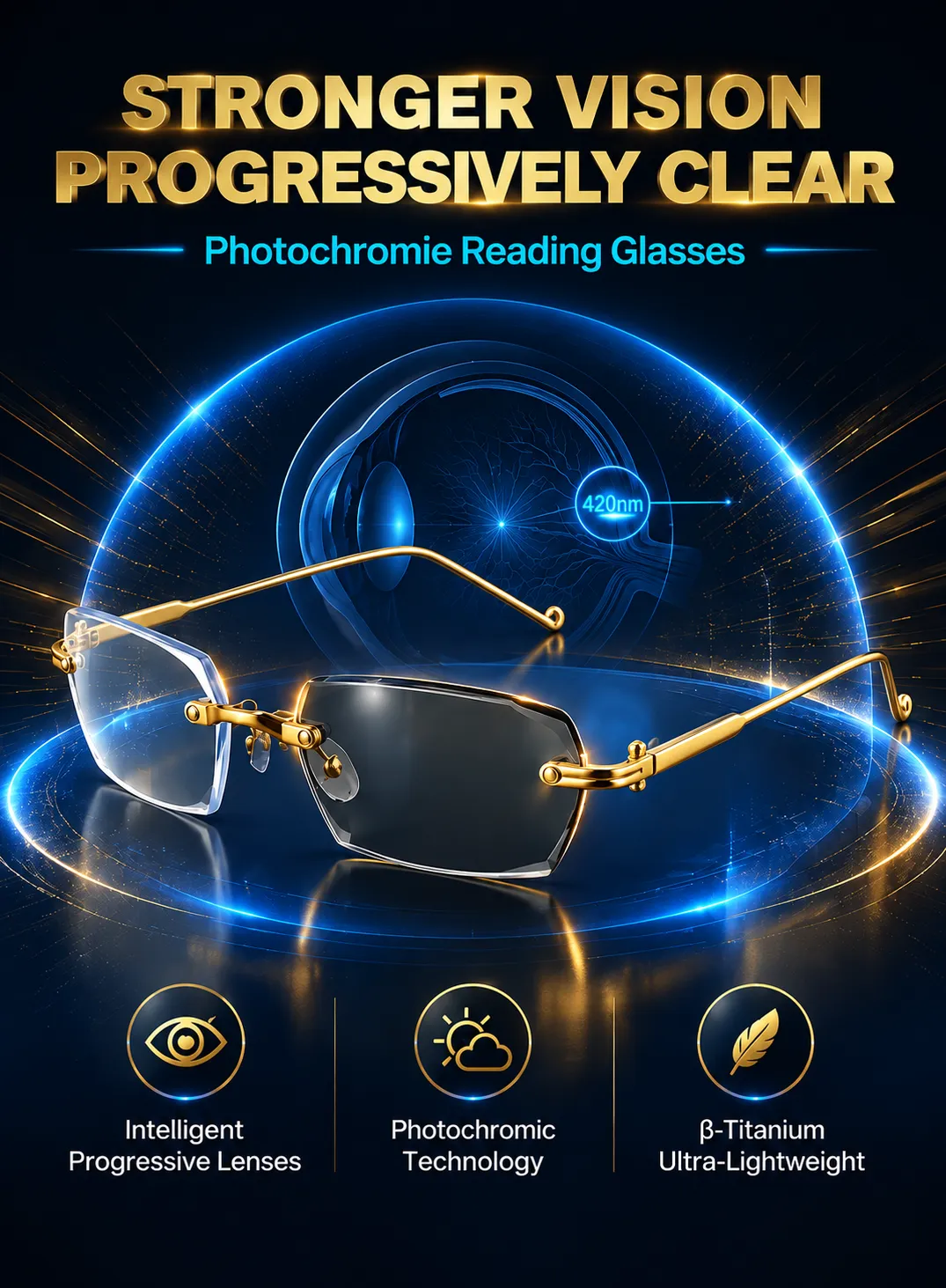 Gold-tone rimless glasses with clear and tinted lens illustrations