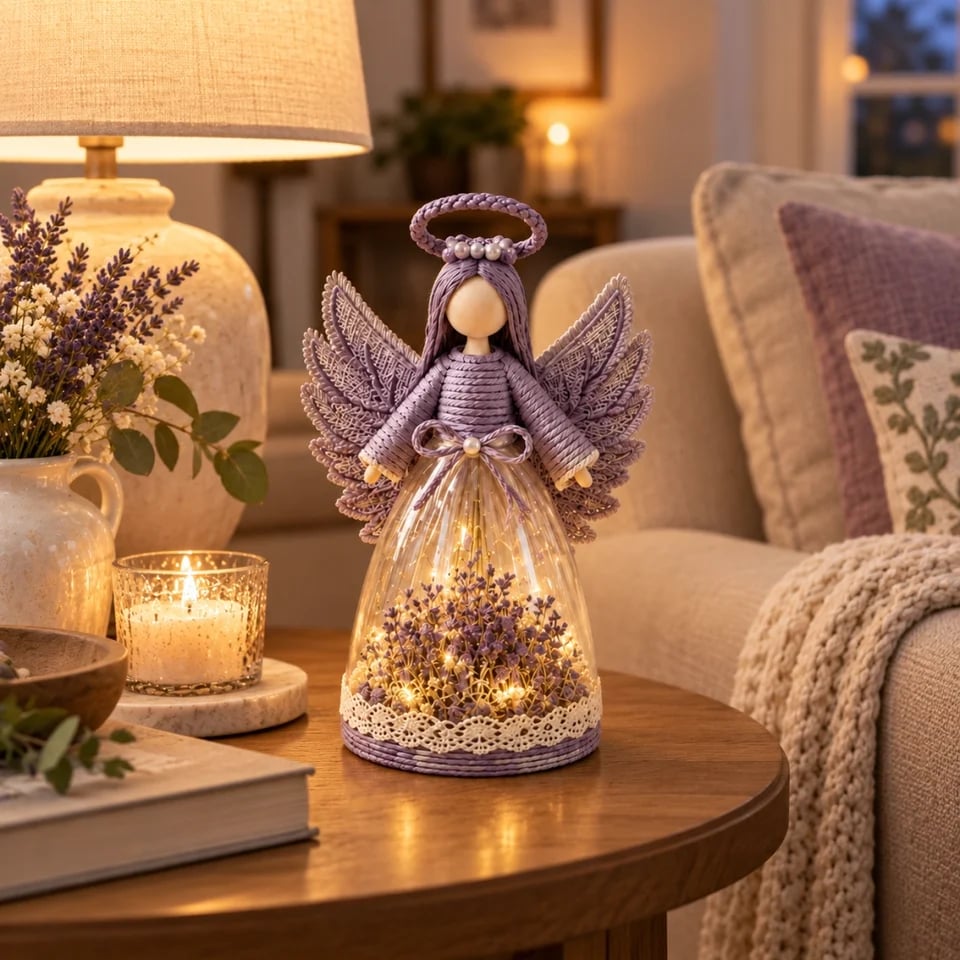 Floral angel figurine beside a desk and notebook